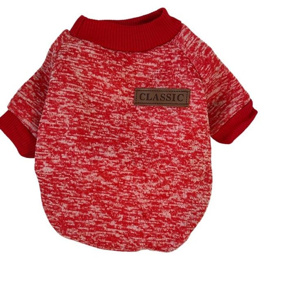 Puppy Sweater Red Marl Knit Faux Leather Classic Patch Fleece Lined Pet Clothes